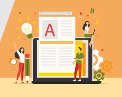 Content author or writer job concept. Freelance blogger at laptop writing creative article, editing text. Vector illustration for blogging, seo marketing, online education topics